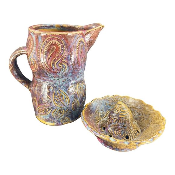 Hand Made Primitive Studio Art Pottery Pitcher With Juice Rimmer Stackable VTG - Picture 1 of 16